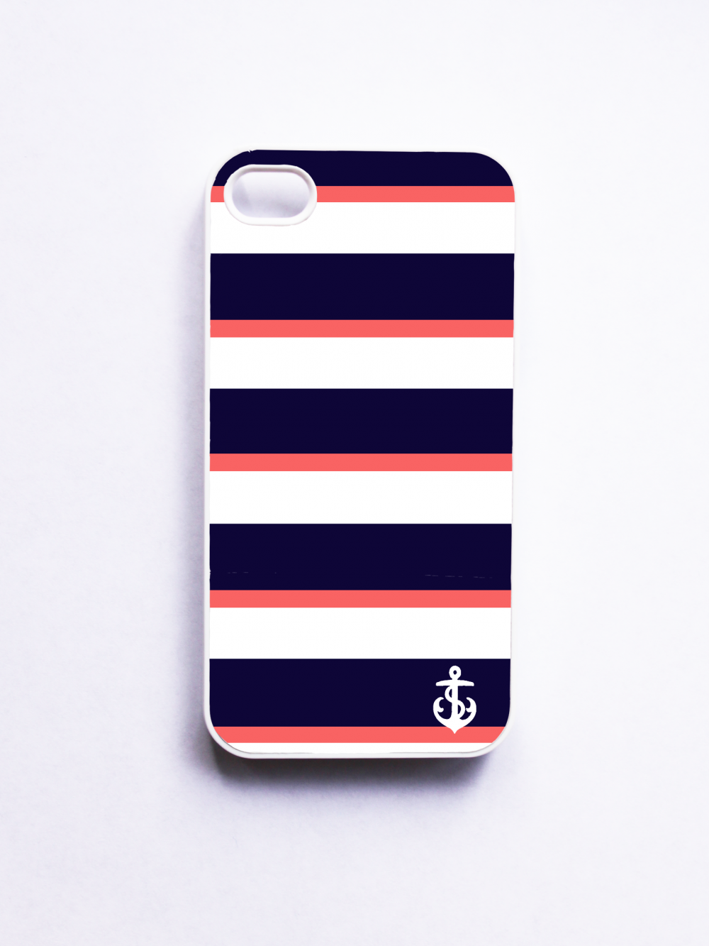Nautical Iphone 4 Case For Iphone 4 / 4s - Navy & Coral Stripe With Anchor